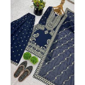 Conjunto de Top-Sharara y Dupatta Zeel Fashion para Mujer, con Bordado Intrincado y Trabajo de Lentejuelas, Color Azul, Talla L - Product Image 6