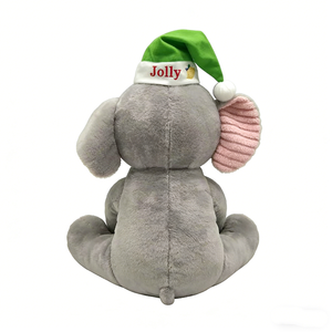 Peluche éléphant gris doux avec oreilles en velours côtelé rose, chapeau de Père Noël vert joyeux brodé, et trompe mignonne bouclée - Product Image 4