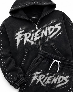 Ensemble sweat à capuche et pantalon imprimé avec strass, unisexe, coupe oversize, style hip-hop, noir, en molleton French Terry - Product Image 3