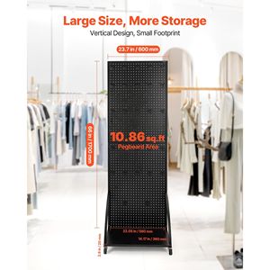 Espositore a pannello forato (pegboard) autoportante in acciaio laminato a freddo rinforzato, 23,7 x 66 pollici, con piastra di base, 30 ganci e ruote - Scaffalature espositive - Product Image 2