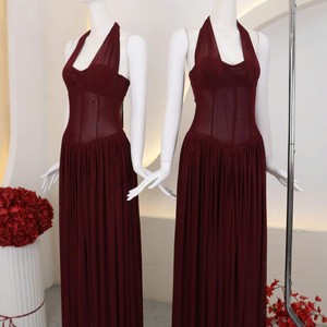 Vestido Maxi de Malla con Cuello Halter Color Borgoña Personalizado OEM para Mujer, Elegante, Transparente, Estilo Corsé, Largo, para Fiesta de Noche, Vintage, Línea A, Bordado en Organza - Product Image 6