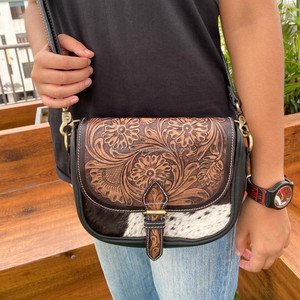 Meilleure vente cheveux usinés à la main sur le cuir véritable femmes sac à bandoulière pour les femmes noir Floral personnalisé peau de vache luxe Western sac à main - Product Image 2