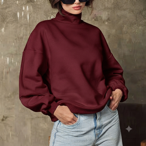 เสื้อสเวตเชิ้ตผู้หญิงทรงโอเวอร์ไซส์ คอเต่า สไตล์สตรีทแวร์ ผ้าฝ้าย 100% สีพื้น ไหล่ตก แขนยาวถัก ดีไซน์ไม่สมมาตร - Product Image 1