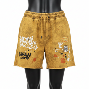 กางเกงขาสั้นผ้าฝ้ายฟลีซหนา 300 GSM ล้างสีแบบแอซิดวอช สีมัสตาร์ด ลายพิมพ์สกรีนโลโก้แบบกำหนดเอง ทรงลำลองสำหรับผู้หญิง - Product Image 1