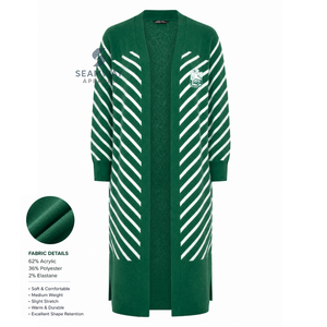 Iota Phi Lambda Women's Longline Open Front <b>Cardigan</b> Green White Striped Ribbed Cuffs Embroidered Duster <b>Sweater</b> With Side Slit - Product Image 2