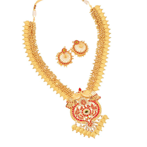Laxmi Nakshi Coin Haram Pearl Women's Wedding Alloy Gold Plated Necklace and Earring Set - Product Image 2