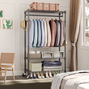 Étagère métallique robuste à 3 niveaux réglable sur roulettes avec crochets latéraux pour rangement de penderie et tringles à vêtements - Product Image 3