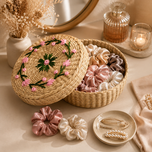 Cesta Redonda de Hierba Natural con Tapa, Bordado Floral, Cesta Organizadora Hecha a Mano - Product Image 3