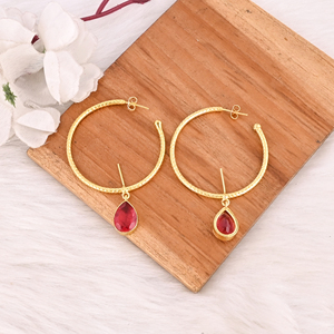 Stylish Pink Tourmaline Hydro Hoop Earrings Gold Plated Handmade Brass Jewelry with Bezel <b>Set</b> Shilpi Impex Brand for Women - Product Image 5