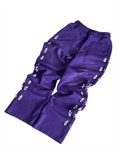 Purple Men's Elastic <b>Waist</b> Sweatpants With Pearl <b>Beaded</b> Decoration Casual Jogger Pants Midweight Knitted Fabric - Product Image 1