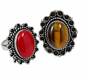 Wholesale <b>Oxidized</b> Silver Tiger Eye Red Coral Gemstone Bezel Setting Ring Women | Vintage Handmade Bohemian Statement Jewelry - Product Image 1