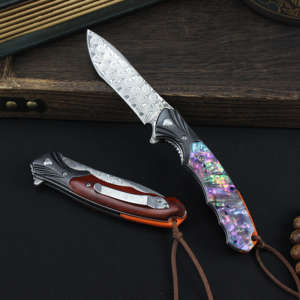 Couteau de poche pliant en acier Damas de qualité industrielle, personnalisable OEM, pour le camping et la chasse, avec étui en cuir et lame droite - Product Image 1