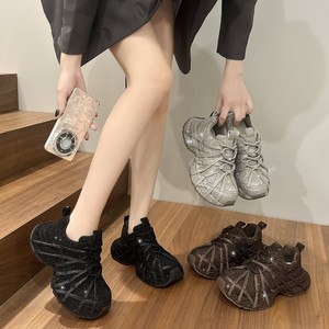 Baskets décontractées à lacets pour femmes, style Dad Shoes, à semelle épaisse et plateforme, ornées de strass, mode 2025 - Product Image 3