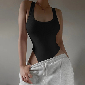 Body moulant noir en maille pour femme, col carré, sans manches, design ajouré, extensible, sans couture, couleur unie, coupe ample, tenue de sport - Product Image 1