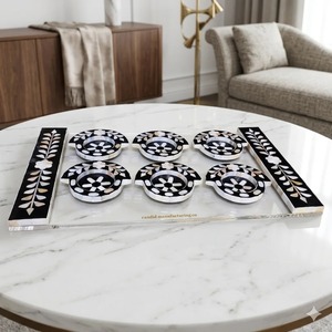 Mother of Pearl Acrylic Coaster Set with Plant Pattern Party Table Decor Stocked Floral <b>Black</b> and White Tray - Product Image 1