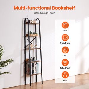 5 Tier Metal Bookshelf Industrial Vintage Bookcase with Open <b>Shelves</b> <b>Rustic</b> Narrow Storage Freestanding Display Bookcase - Product Image 3