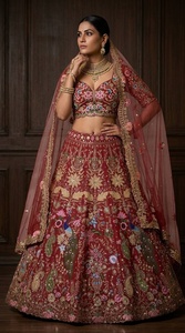 Hermoso Lehenga Choli Rojo de Georgette para Mujer con Bordado, Vestido Tradicional Indio para Boda - Product Image 2