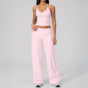 5 Pcs Hot Bra Vest Short Sleeve T Fold Waist Shorts Wide Leg <b>Pant</b> Gym Workout Pilate Outdoor Sports Fitness Women Yoga Set - Product Image 1
