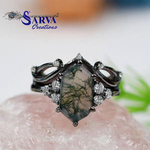 Natural <b>Moss</b> <b>Agate</b> Long Hexagon Engagement <b>Ring</b> with Cubic Zirconia 925 Sterling Silver Statement <b>Ring</b> for Women Jewelry - Product Image 3