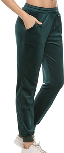 Pantalon de jogging en velours vert foncé pour femme, taille élastique avec cordon de serrage, décontracté, avec poches latérales, pour l'automne - Product Image 2