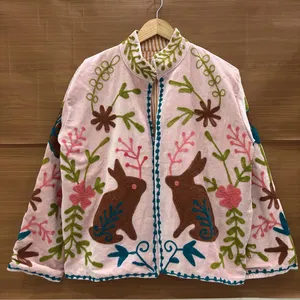 Elegant Pink <b>Velvet</b> Floral Embroidered Suzani <b>Jacket</b> With Rabbit Pattern Full Sleeve Stand Collar Bohemian Women's Winter Coat - Product Image 1