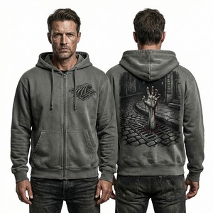 Sweat à capuche zippé vintage personnalisé pour homme, en coton épais, style streetwear, avec imprimé graphique rétro main squelette - Product Image 1