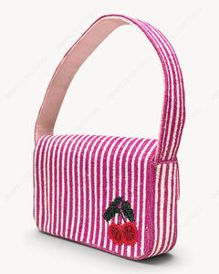 Handcrafted Pink Beaded <b>Shoulder</b> <b>Bag</b> Cherry Motif Embroidered Evening Handbag Long <b>Strap</b> Women Wholesale Manufacturer Supplier - Product Image 5