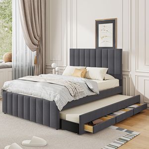 Letto matrimoniale imbottito in tessuto di lino grigio con letto estraibile singolo e 3 cassetti - Product Image 1
