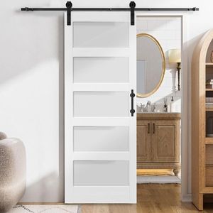 32 In. X 84 In. Unfinished 5.5FT Barn Sliding Door Hardware Kit with 5 Panel Tempered Glass Simp Handle Required - Product Image 1