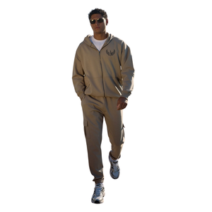 Mens Beige Full <b>Zip</b> <b>Hooded</b> Tracksuit Set Casual Athletic Sweatshirt and Jogger Pants Sportswear Training Workout Outfit Set - Product Image 1