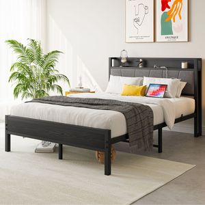 Struttura letto matrimoniale solida e stabile con testiera contenitore, stazione di ricarica, facile montaggio, non richiede rete a molle, letto imbottito - Product Image 1