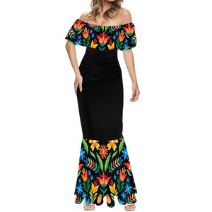 Robe longue mexicaine personnalisée à épaules dénudées, motif floral, style été, sans bretelles, avec manches plissées à volants - Product Image 4