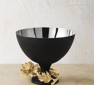 Premium <b>Black</b> Metal Bowl with Gold Leaf Design <b>Polished</b> Finish Glam Style Handmade For Serving And Display - Product Image 1
