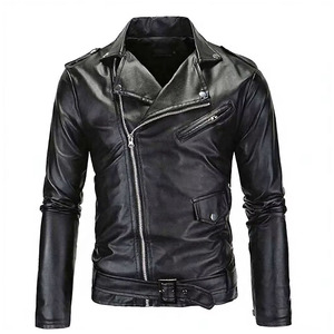 Chaqueta de Moto para Hombre de Cuero PU, Corte Ajustado, Cierre de Cremallera, Diseño con Cinturón, Color Sólido, Cuello Camisero, Manga Regular, para Otoño e Invierno - Product Image 1