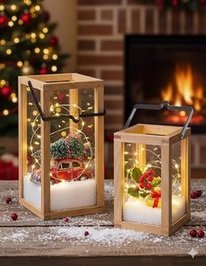 Lanterne carrée de Noël en bois, porte-bougie de forme unique, décoration de table faite à la main, centre de table pour mariage et Halloween - Product Image 5