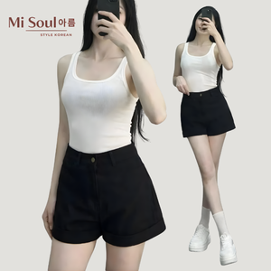 Shorts écologiques pour femmes en tissu kaki, décontractés, à ourlet roulé, pour un usage quotidien, 3 couleurs, OEM ODM, étiquette privée - Product Image 4