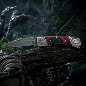 Cuchillo Plegable de Acero de Damasco con Punta Caída, Mango Rojo, Hoja Recta, para Camping y Actividades al Aire Libre, 6.5 Pulgadas de Longitud Total - Product Image 2