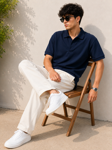 Polo homme bleu marine de qualité supérieure, col rabattu, manches courtes, couleur unie, t-shirt décontracté en coton, coupe ample, vêtements pour homme - Product Image 1