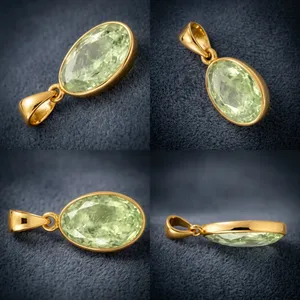 Collier pendentif minimaliste HA Gems en argent sterling 925 plaqué or avec prénite verte ovale de haute qualité, pierre précieuse naturelle - Product Image 3