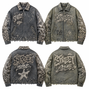 Custom Street Style Acid Wash <b>Denim</b> Jacket Vintage Graphic Print Distressed Zip Up Casual Jean <b>Coat</b> For Unisex Wear - Product Image 1