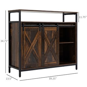Buffet d'appoint industriel en chêne avec portes coulissantes de style grange, tiroirs réglables et supports à verres pour bar à café - Product Image 3