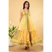 Robe longue vintage Lavinas en soie pour femme, style A-line, dos nu en dentelle, tenue de plage, motifs tissés, taille élastique, lavable, taille unique