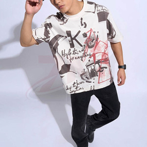 Camiseta Blanca Oversize con Estampado de Grafiti Marrón Claro y Rojo, Estilo Urbano, Personalizada, Hip Hop, de Algodón, para Hombre, Nueva Llegada - Product Image 3