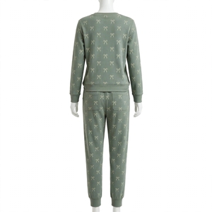 Conjunto de Sudadera de Manga Larga con Cuello Redondo y Estampado de Lazo Verde Salvia para Mujer y Pantalones Deportivos hasta el Tobillo, Poliéster/Algodón, Primavera - Product Image 3
