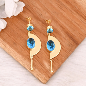 Boucles d'oreilles pendantes en laiton plaqué or avec topaze bleue hydrogénée, bijoux faits à la main, tendance - Product Image 2