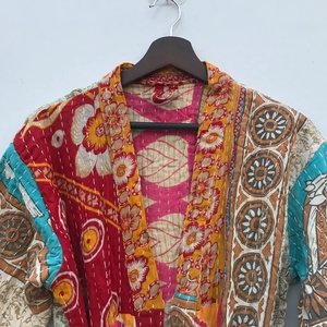 Recién llegado, chaqueta Kantha de algodón hecha a mano, chaqueta acolchada, Kimono largo clásico con cinturón y chaqueta de cuello grande para mujer - Product Image 3