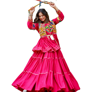 ชุดกูร์ราตี การ์บา ชานียา โจลี สำหรับงานนัวรัตรี ผ้าฝ้ายแท้ งานปักกามาธิ เลเฮนกาโจลี ชุดเลเฮนกาแบบดั้งเดิมของอินเดีย พร้อมผ้าคลุมไหล่ - Product Image 3