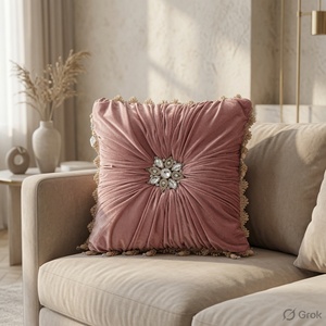 Dusty Rose Ruched Velvet <b>Cushion</b> with Crystal <b>Flower</b> Center | Elegant Square Accents Throw Pillow for Sofa Bedroom and Interiors - Product Image 3