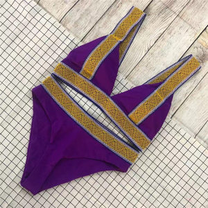 Conjunto de Bikini Rosa para Mujer, Top con Hombros Descubiertos, Ribete en Contraste, Spandex, Poliéster Elástico, Secado Rápido, Traje de Baño Ecológico - Product Image 6