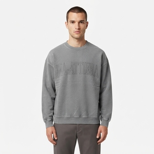 <b>Men's</b> <b>Grey</b> Embossed Lettering Crewneck <b>Sweatshirt</b> Oversized Casual Streetwear Pullover Long Sleeve Custom <b>Sweatshirt</b> - Product Image 1